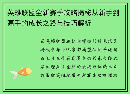 英雄联盟全新赛季攻略揭秘从新手到高手的成长之路与技巧解析