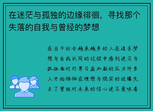 在迷茫与孤独的边缘徘徊，寻找那个失落的自我与曾经的梦想